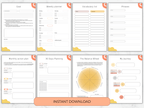 Collection of educational and planning sheets with various forms and charts on a white background.