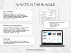 Promotional graphic of a digital bundle with SEO checklist, monthly content planner, and calendar on a laptop screen.
