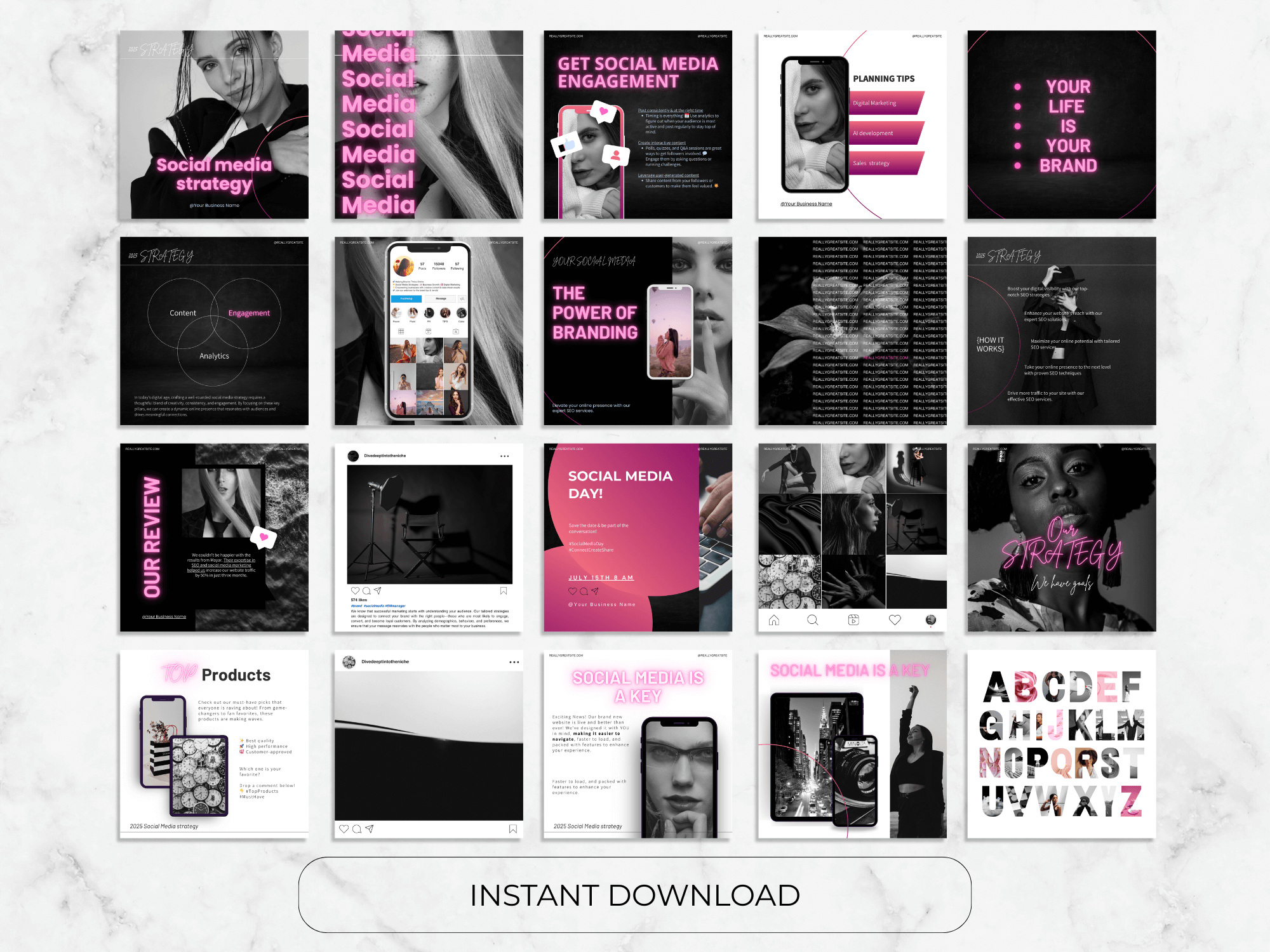 Collection of social media graphics and templates with text and images on a white background.