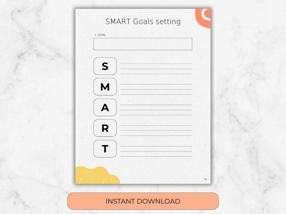 SMART Goals setting template on a marble background with 'Instant Download' button.