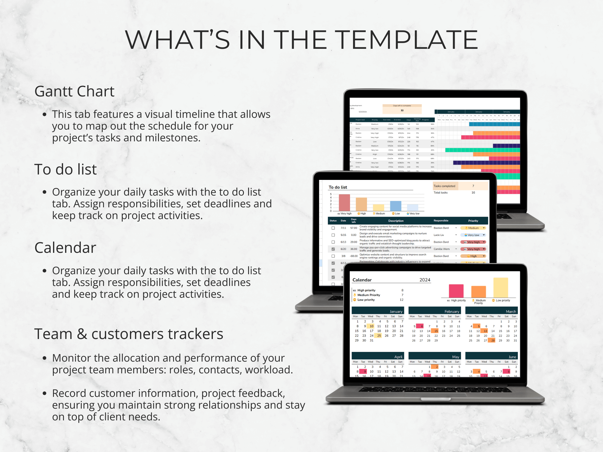 Gantt chart, to-do list, calendar, and team/customer trackers on a white background with text explaining each feature.
