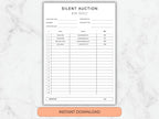 Silent auction sheet on a marble background with 'Instant Download' text.