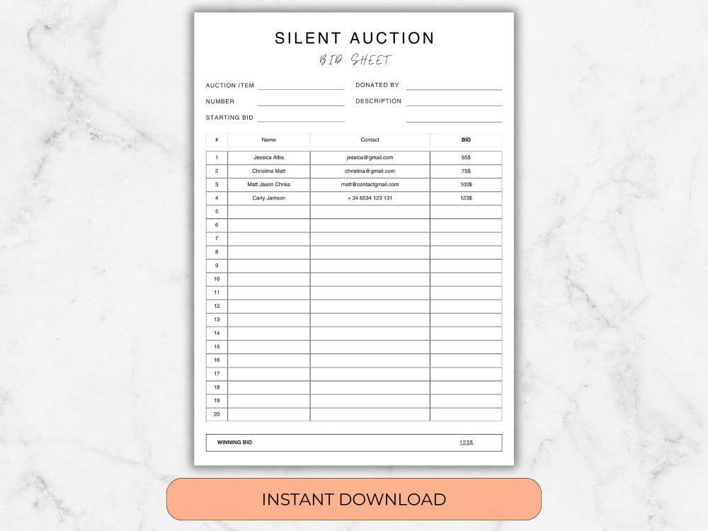 Silent auction sheet on a marble background with 'Instant Download' text.