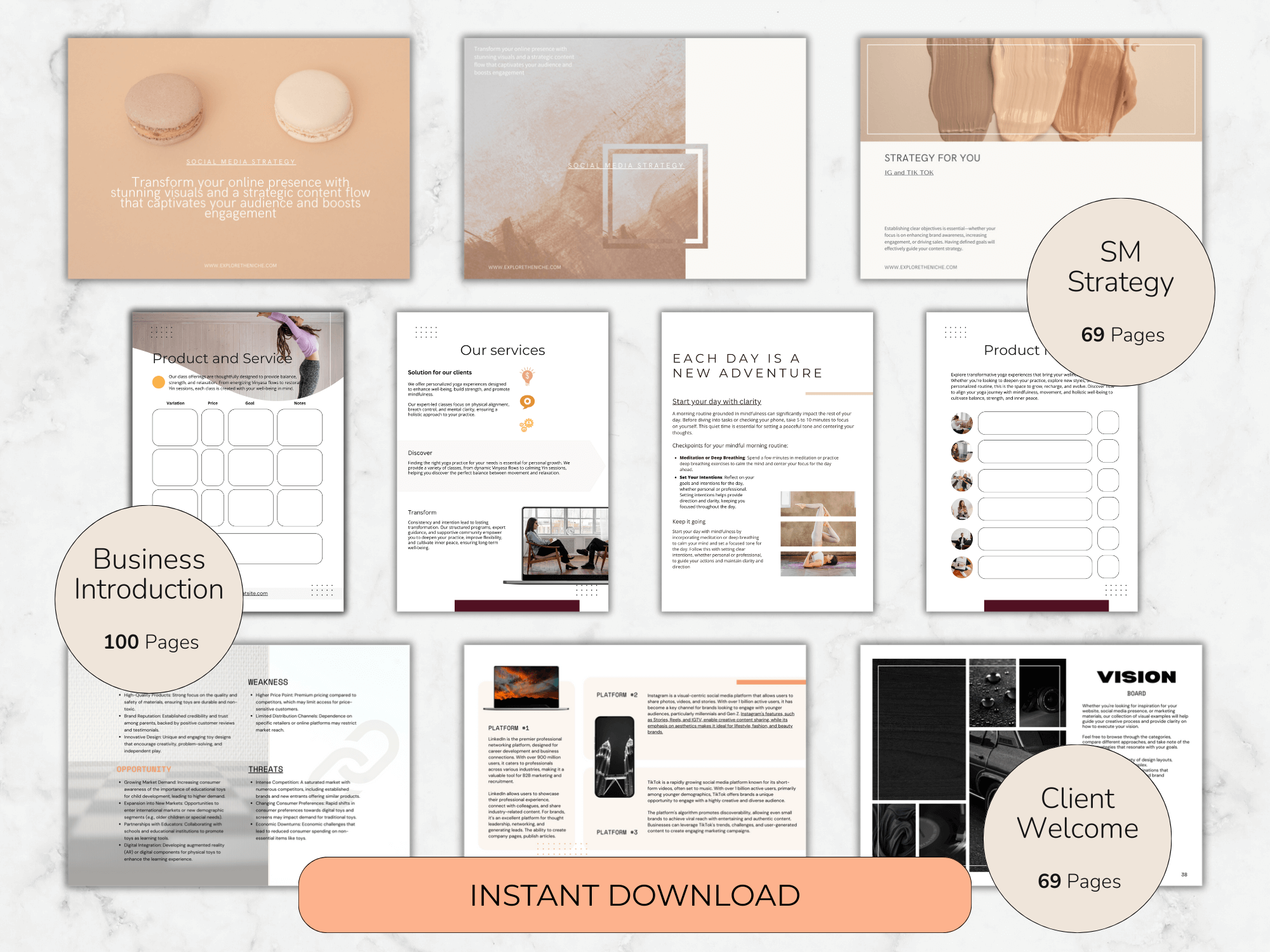 Collection of business templates with various sections on a white background