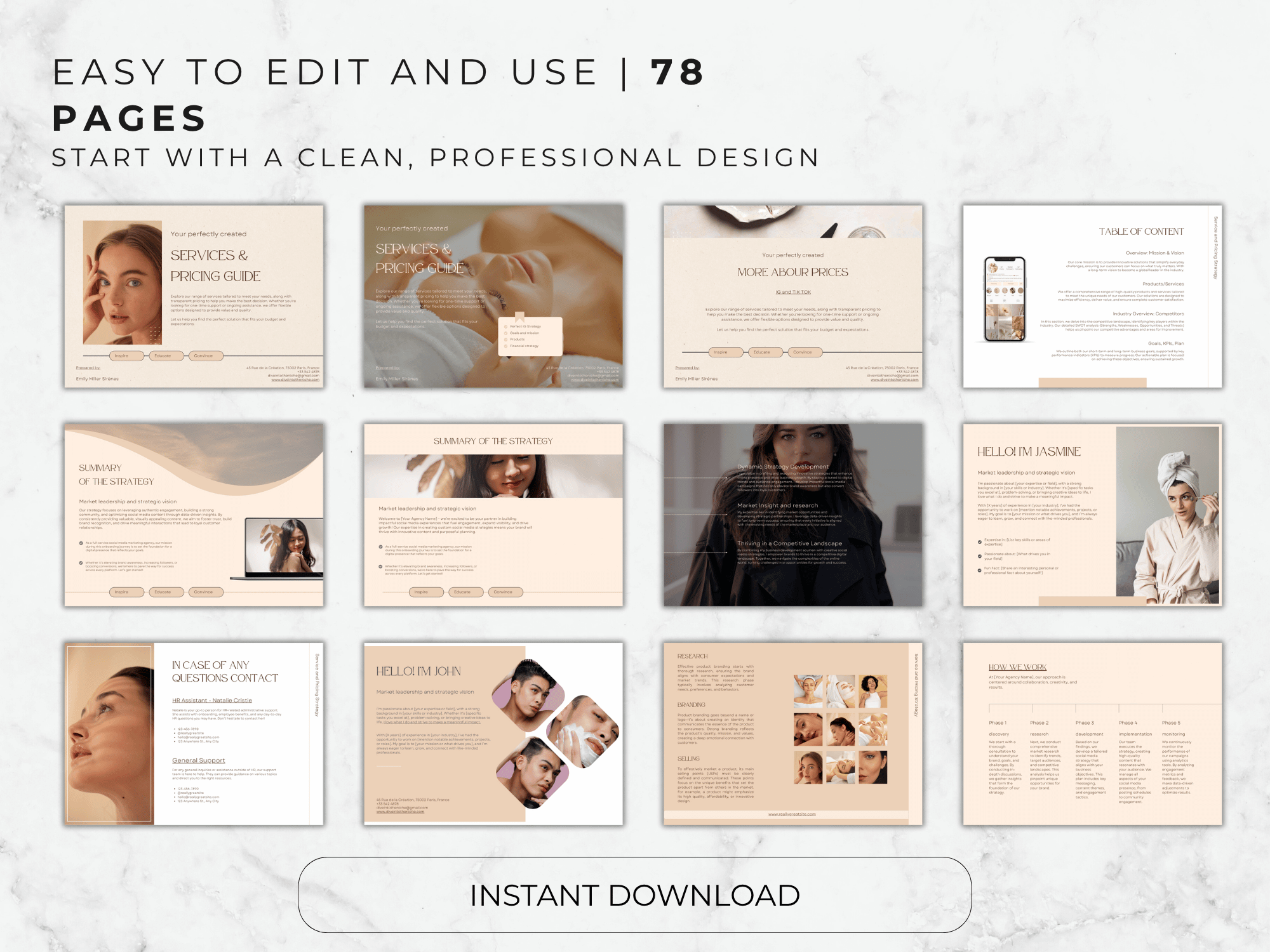 Collection of design pages with text on a light background