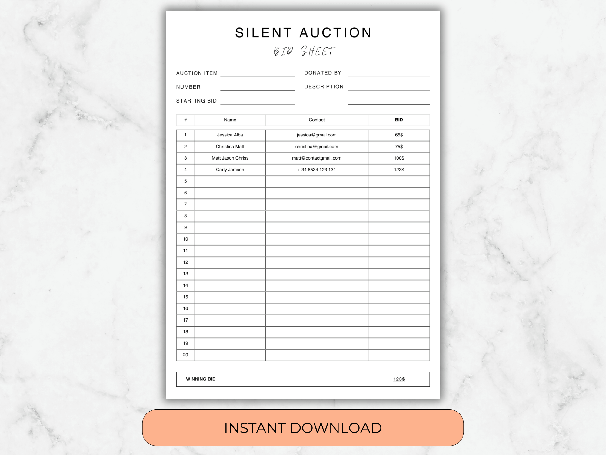 Silent auction bid sheet on a marble background with an 'Instant Download' button.