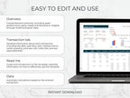 Laptop displaying a financial management software with text on editing and usage.