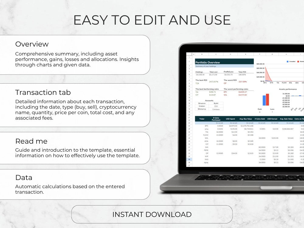 Laptop displaying a financial management software with text on editing and usage.