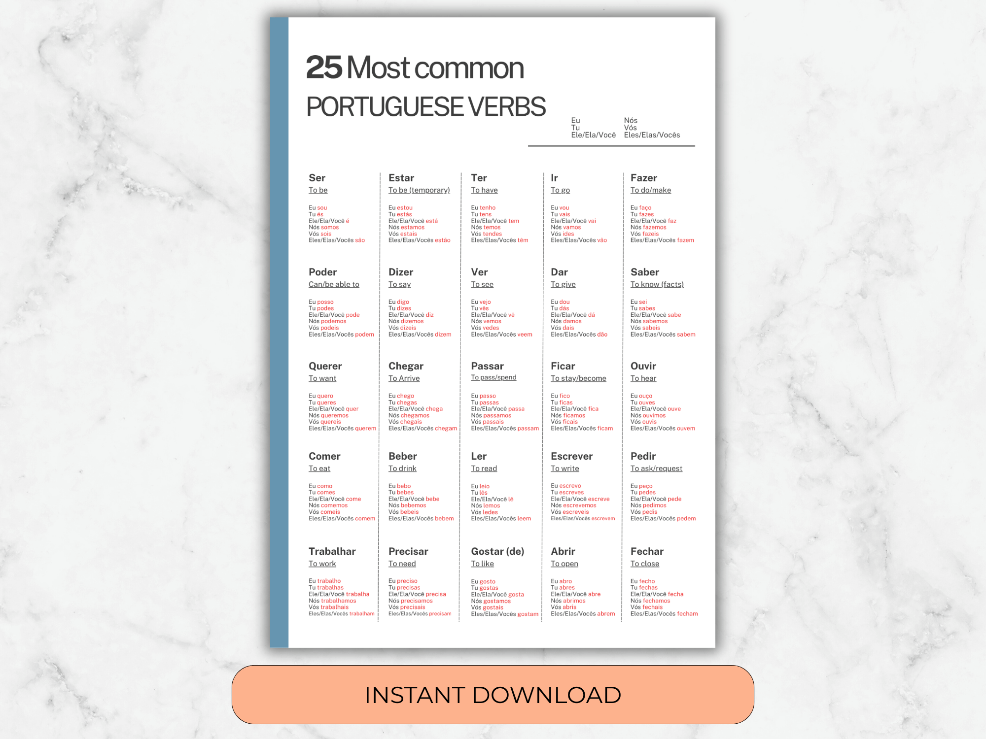 Sheet of paper with a list of common Portuguese verbs on a marble background