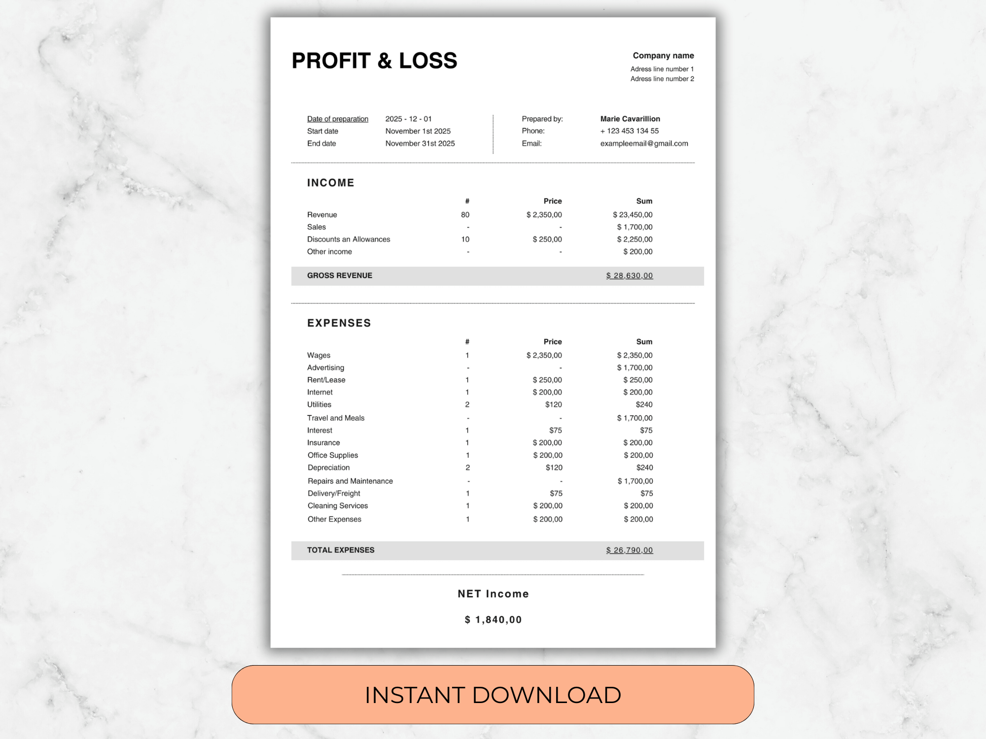 Profit and loss statement template on a marble background with an 'Instant Download' button.