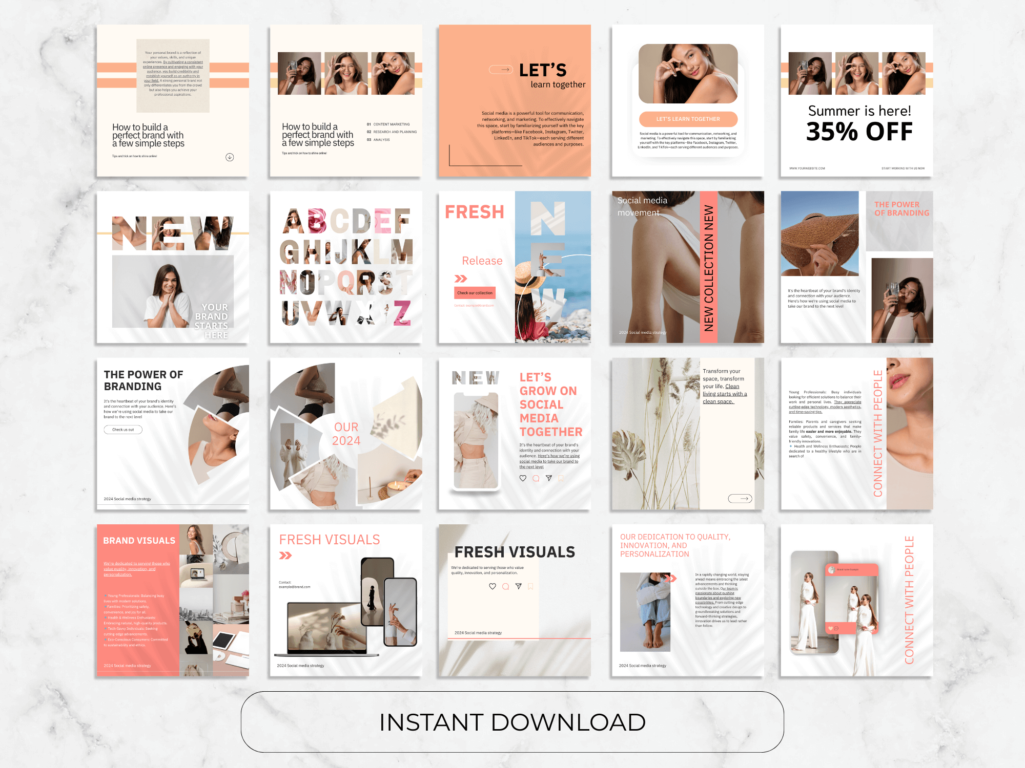 Collection of design templates with text and images on a marble background
