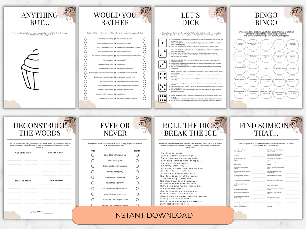 Set of printable games with various question formats on a white background.