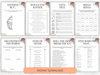 Set of printable games with various question formats on a white background.