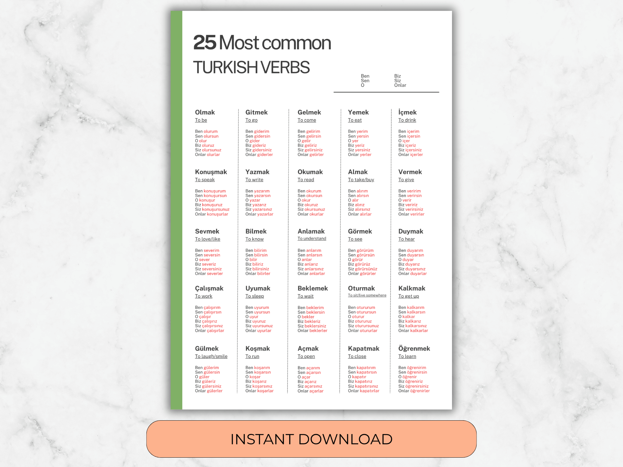 Sheet of paper with Turkish verbs on a marble background