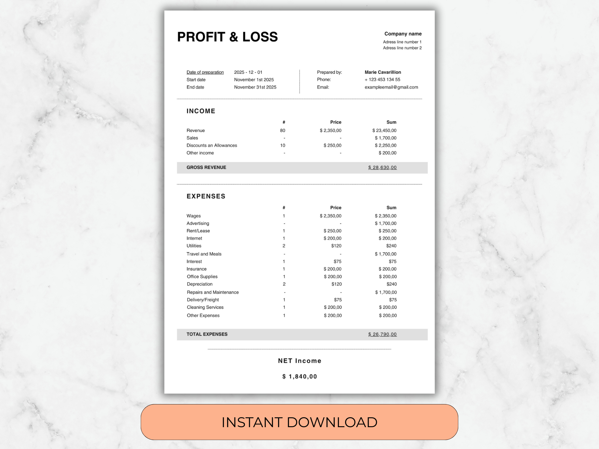 Profit and Loss Statement Template, Small Business P&L Statement