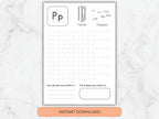 Educational worksheet with letter 'P' activities on a marble background