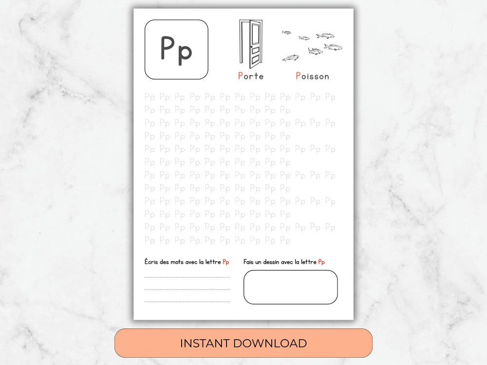 Educational worksheet with letter 'P' activities on a marble background