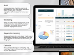 Laptop displaying a software interface with audit, marketing, keywords mapping, and calendar features.