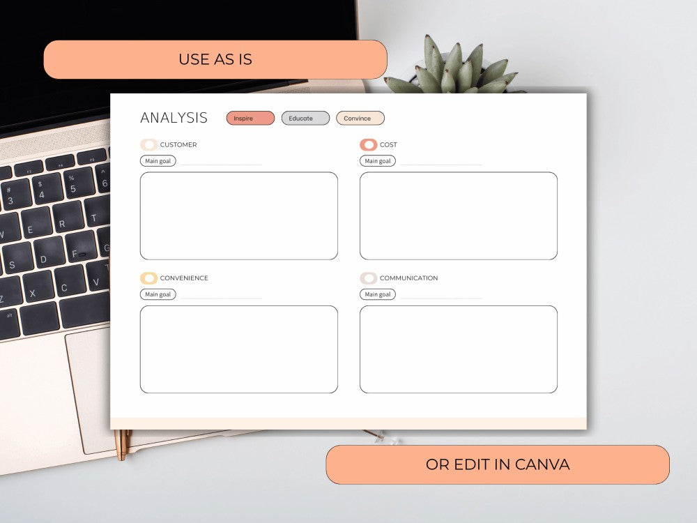 Blank analysis template on a desk with a laptop and plant, with text options to use as is or edit in Canva.