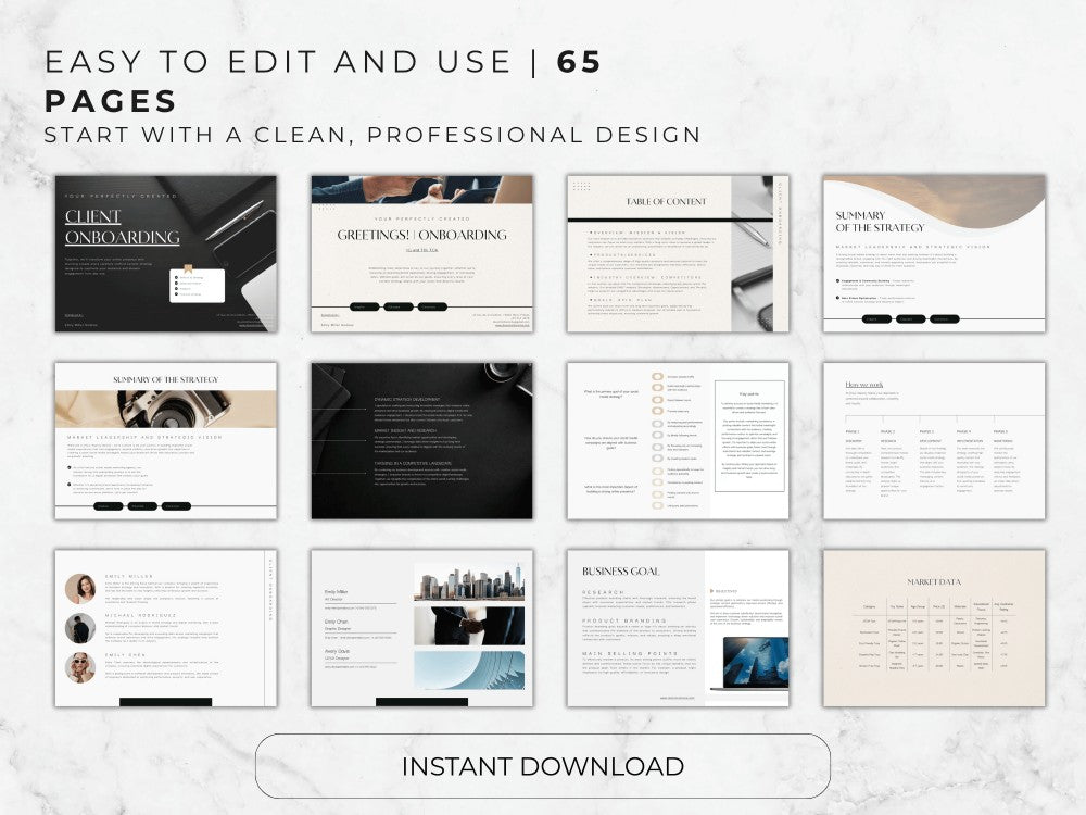 Collection of 65 pages with a clean, professional design on a light gray background.