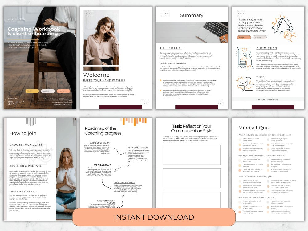 Collection of coaching workbook pages with text and images on a white background