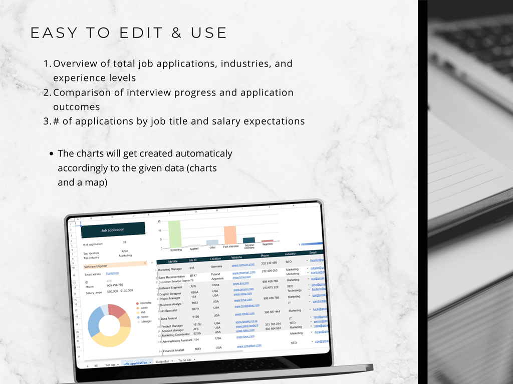 Laptop displaying a job application tracking software with text on a white background