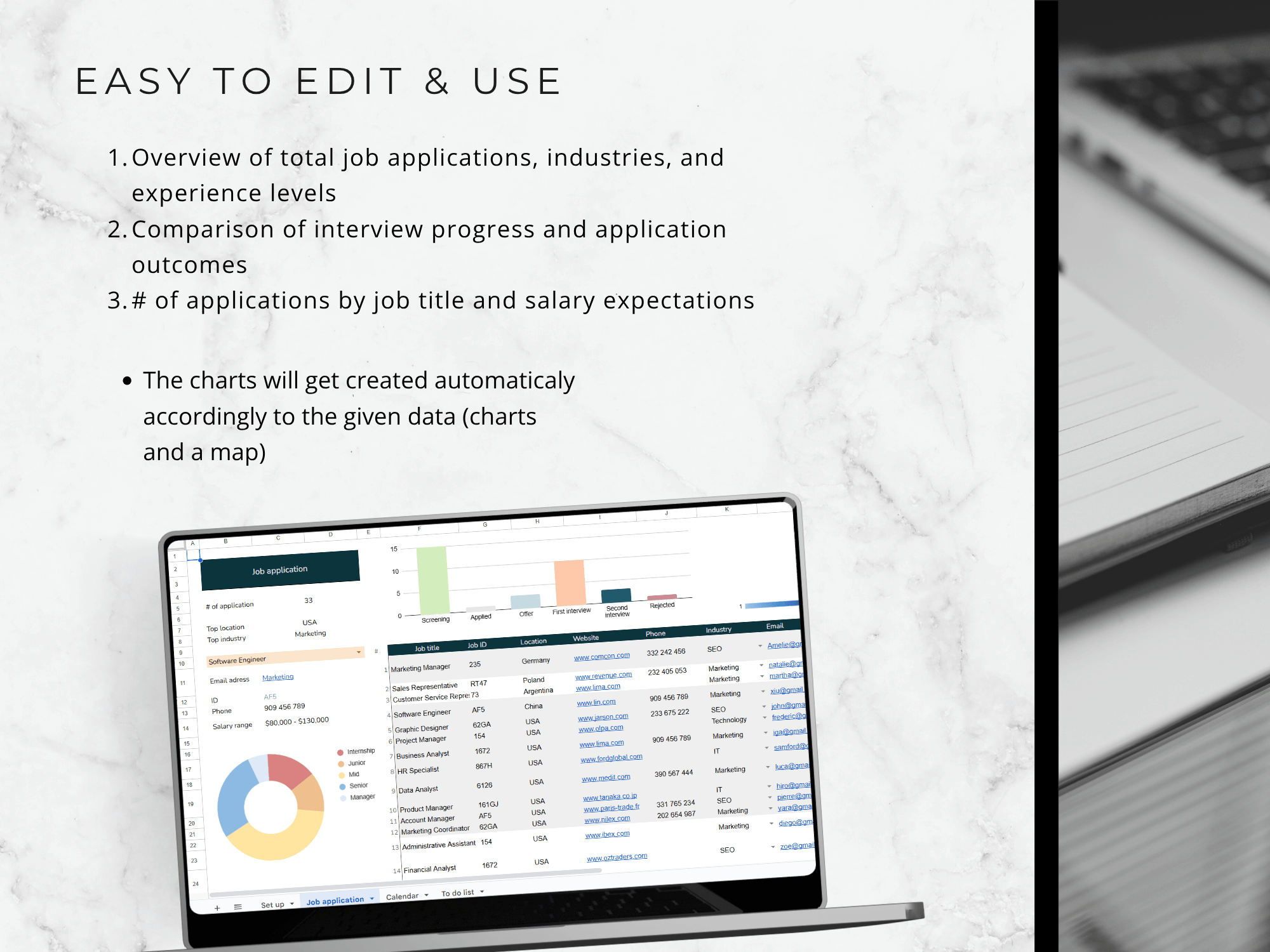 Laptop displaying a job application tracking software with text on a white background