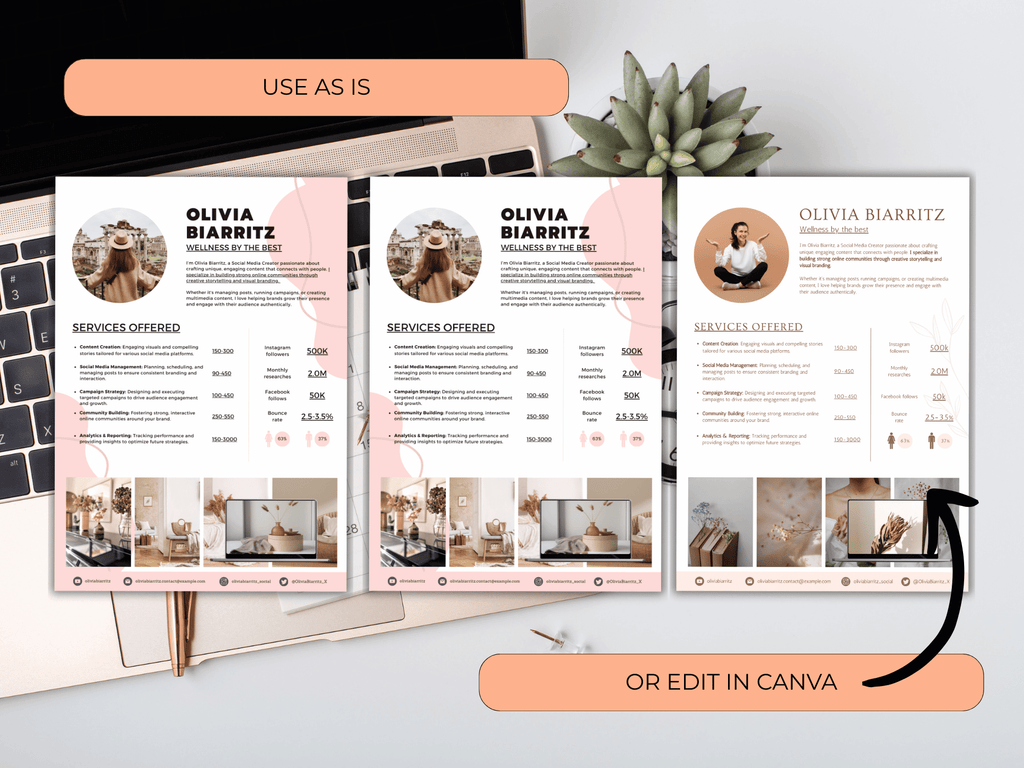 Three views of a resume template with a laptop and plant in the background.