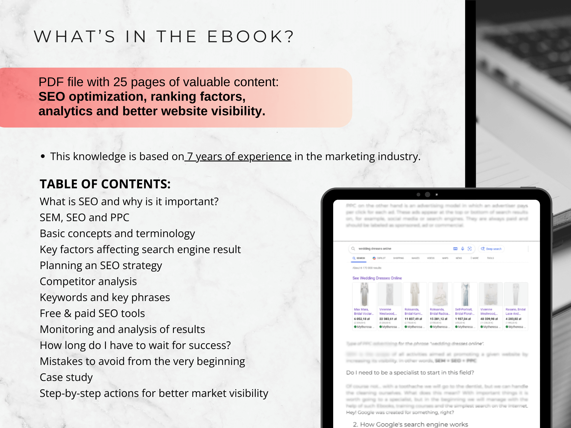 Ebook overview with text on SEO optimization and analytics, displayed on a tablet.
