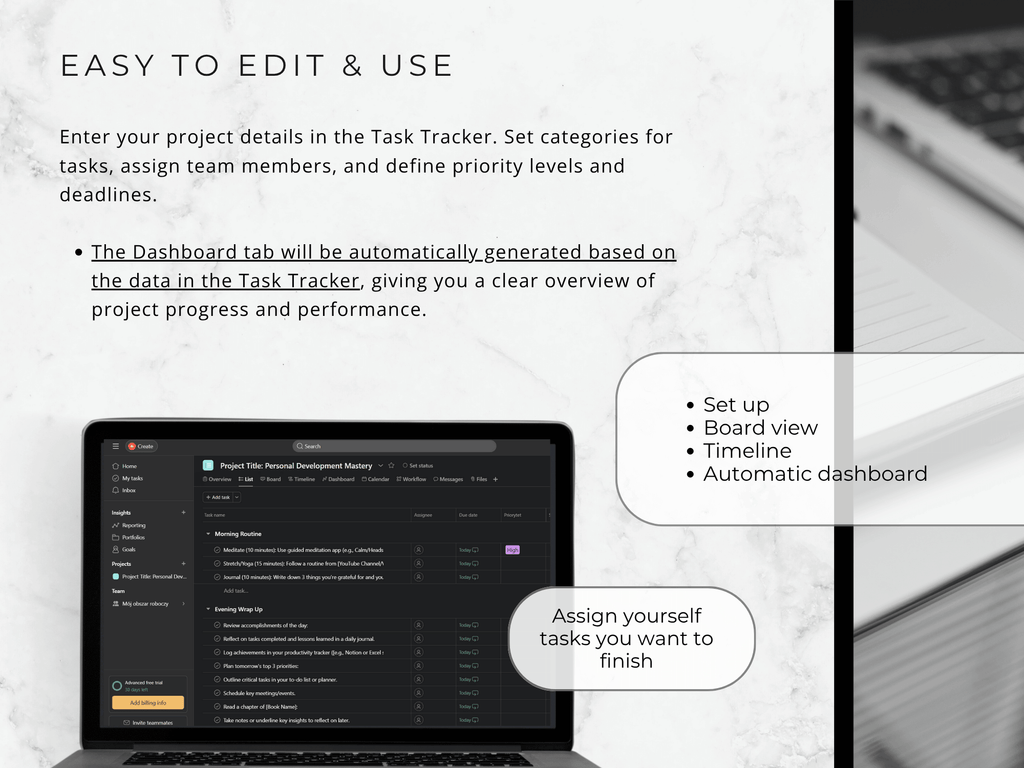 Laptop screen displaying a project management software with text on editing and using the software.