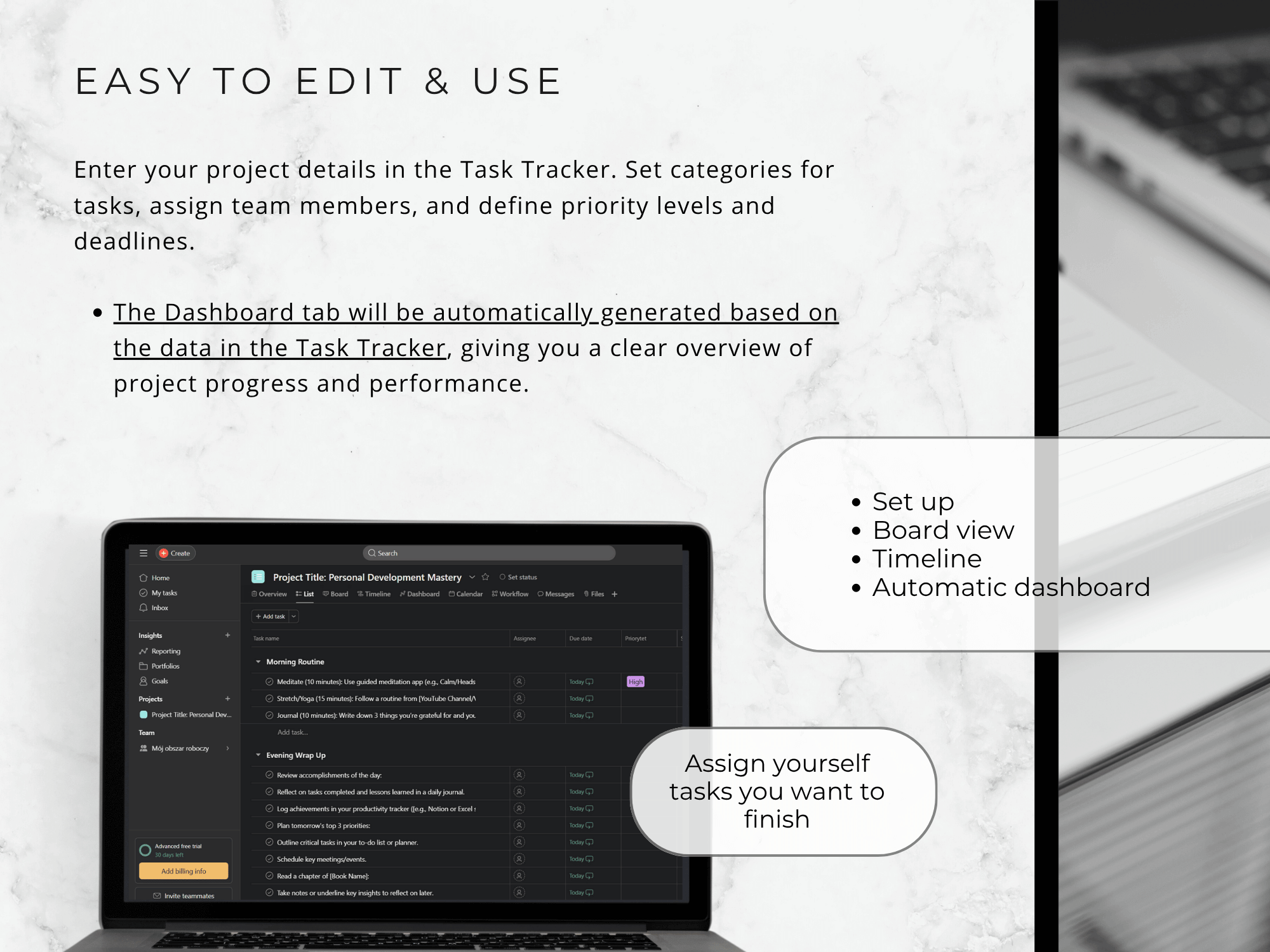 Laptop screen displaying a project management software with text on editing and using the software.