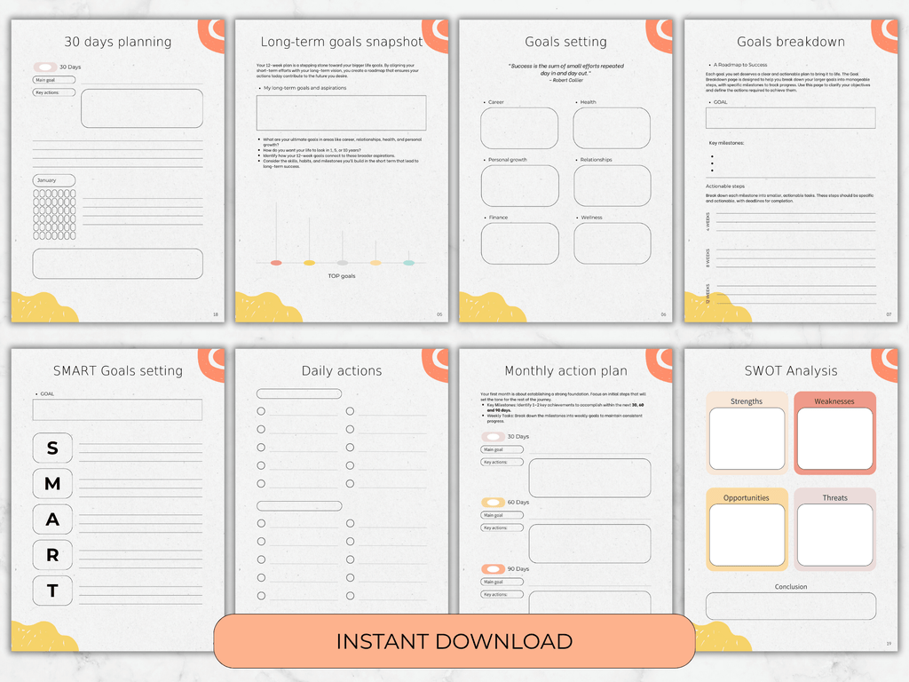 Set of goal-setting sheets with various sections for planning, setting goals, and analyzing SWOT.