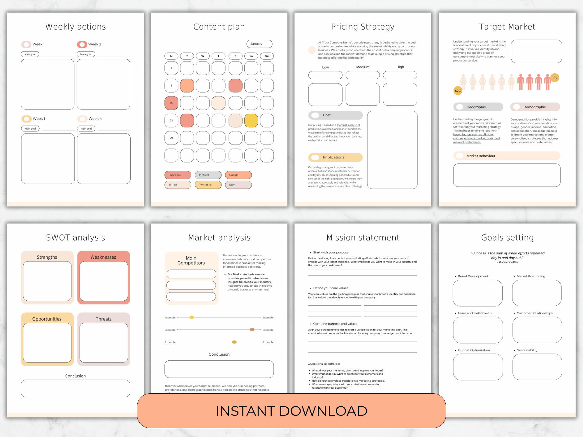 Collection of business planning templates with various sections on a white background.