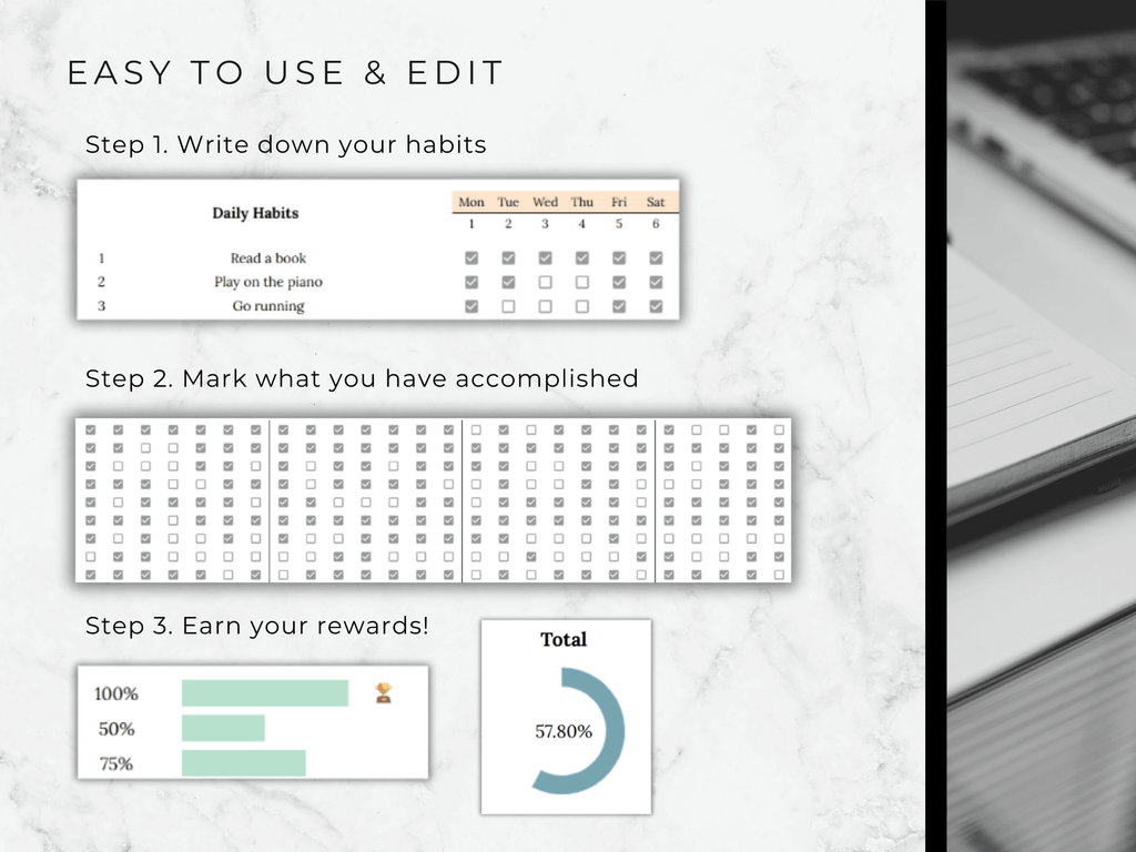  Habit tracking app interface with steps to use and edit, showing a calendar, checklist, and progress bar.