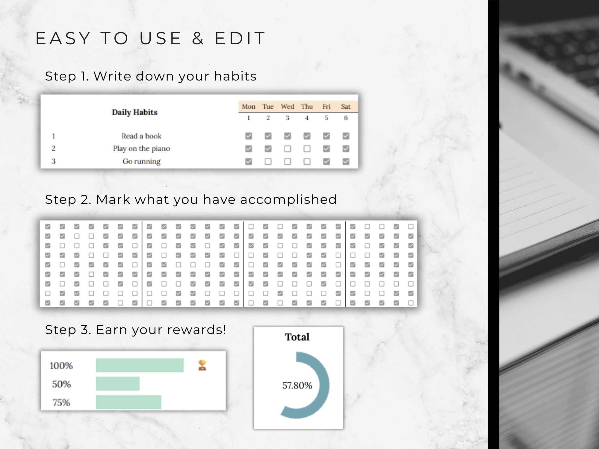  Habit tracking app interface with steps to use and edit, showing a calendar, checklist, and progress bar.