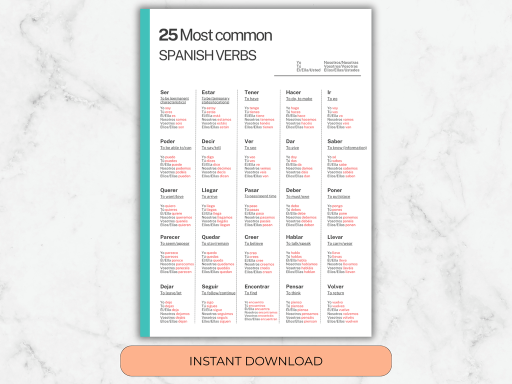 Sheet of paper with Spanish verbs on a marble background