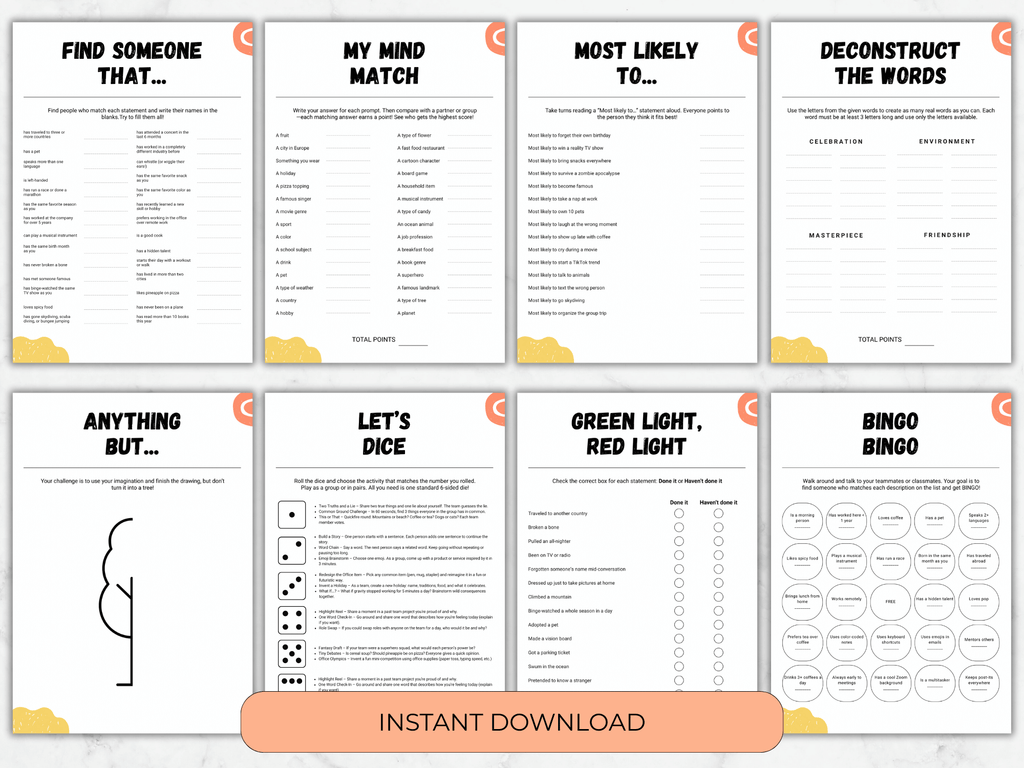 Collection of printed pages with various activities and questions on a white background.