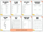 Collection of printed pages with various activities and questions on a white background.