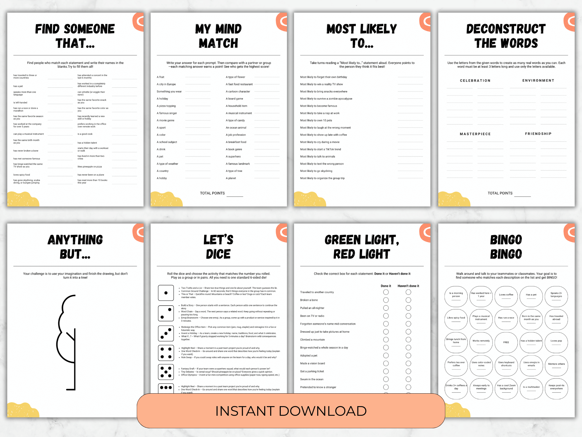 Collection of printed pages with various activities and questions on a white background.