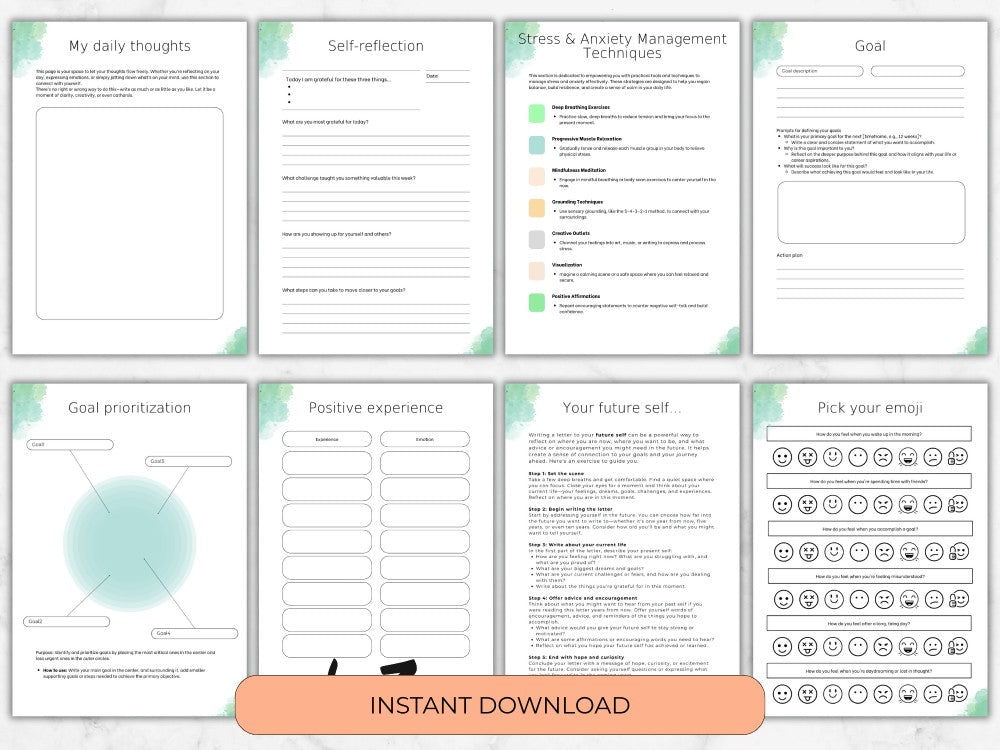 Set of self-reflection and goal-setting worksheets with a green and white color scheme.