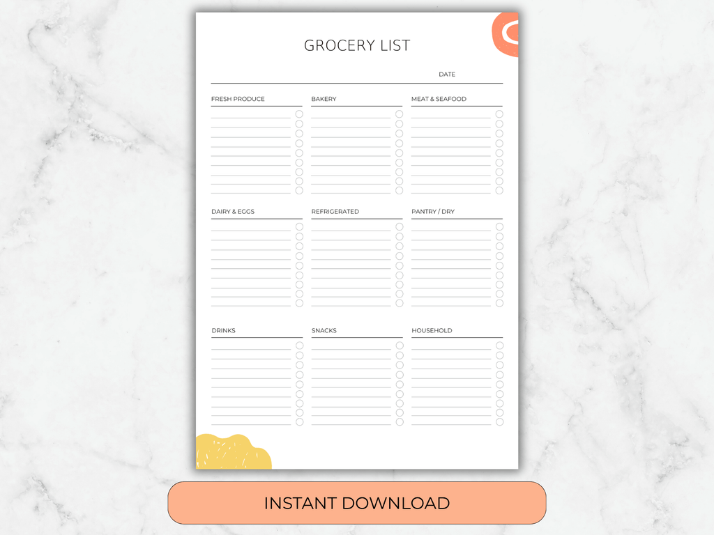 Grocery list template on a marble background with 'Instant Download' button.