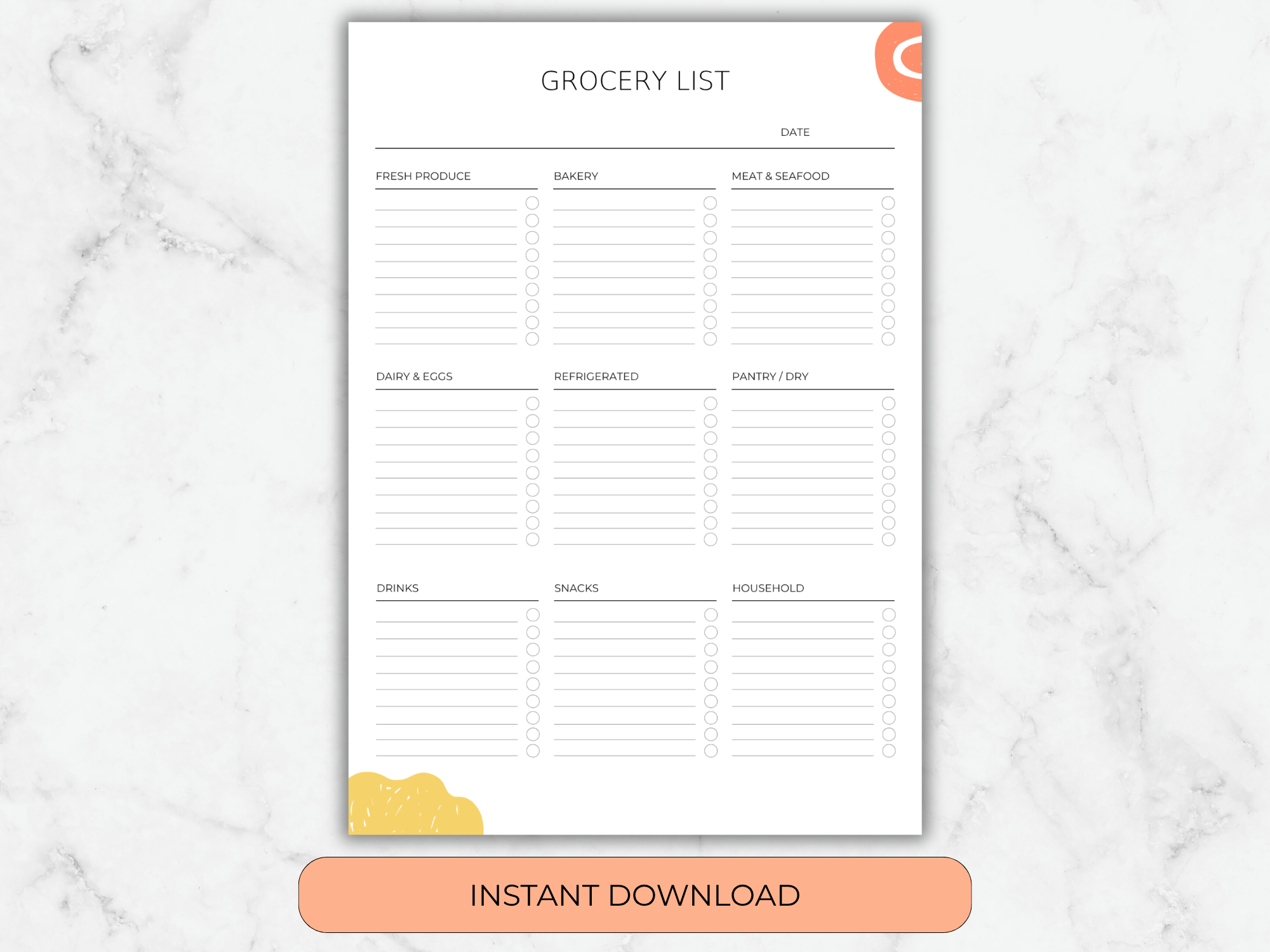 Grocery list template on a marble background with 'Instant Download' button.