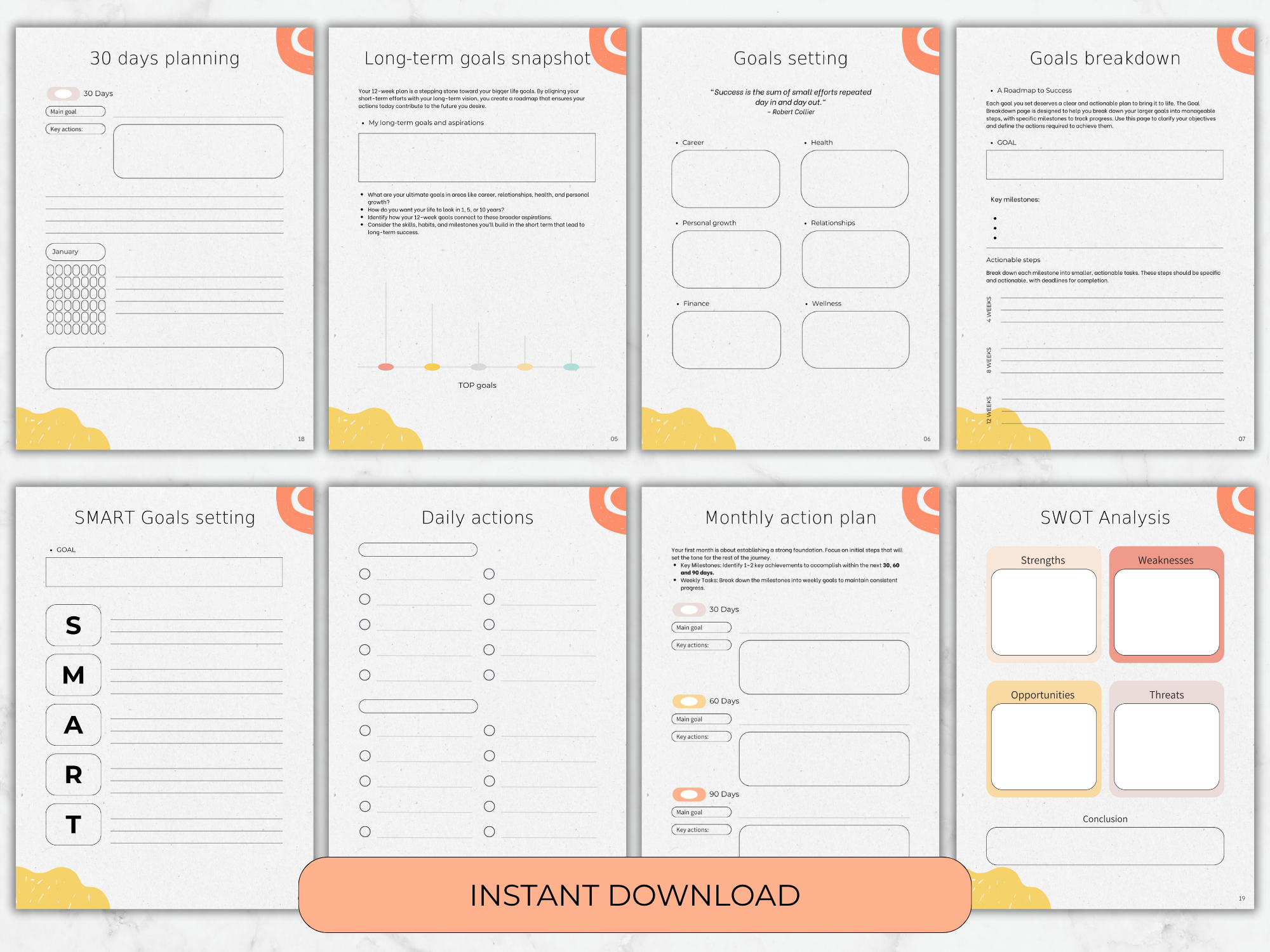 Set of goal-setting and planning sheets with various sections on a white background.