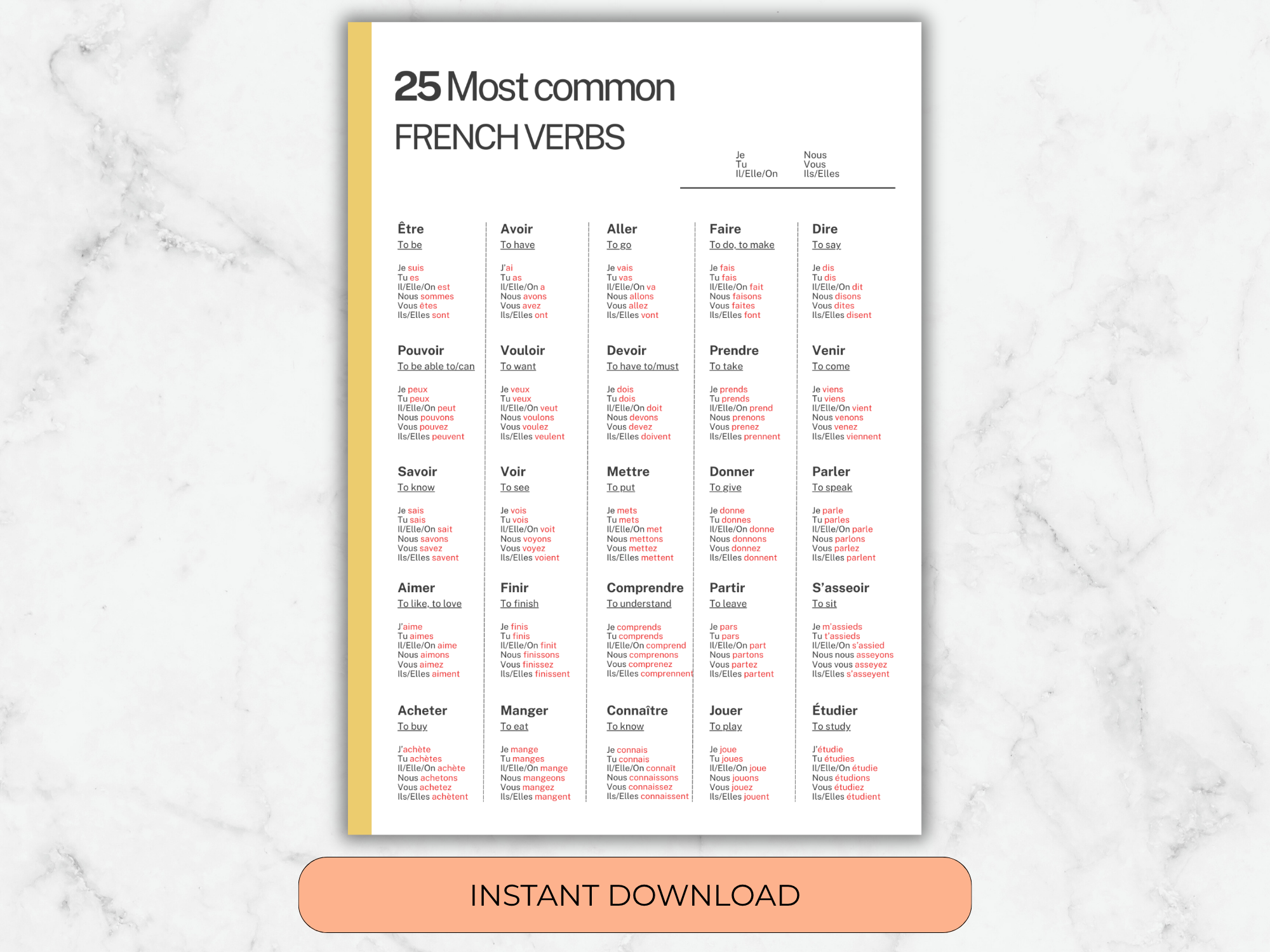 Sheet of paper with a list of common French verbs on a marble background