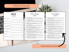 SEO checklist with 'On-Page SEO' and 'Off-Page SEO' sections on a desk with a laptop.