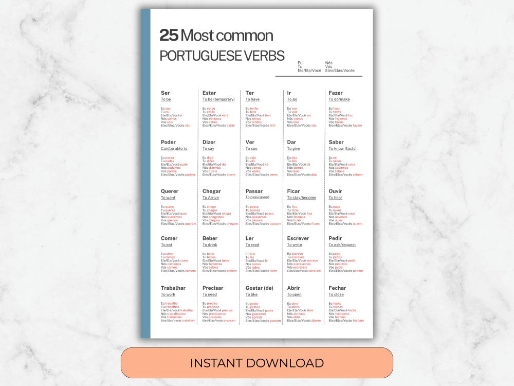 Sheet of paper with Portuguese verbs on a marble background