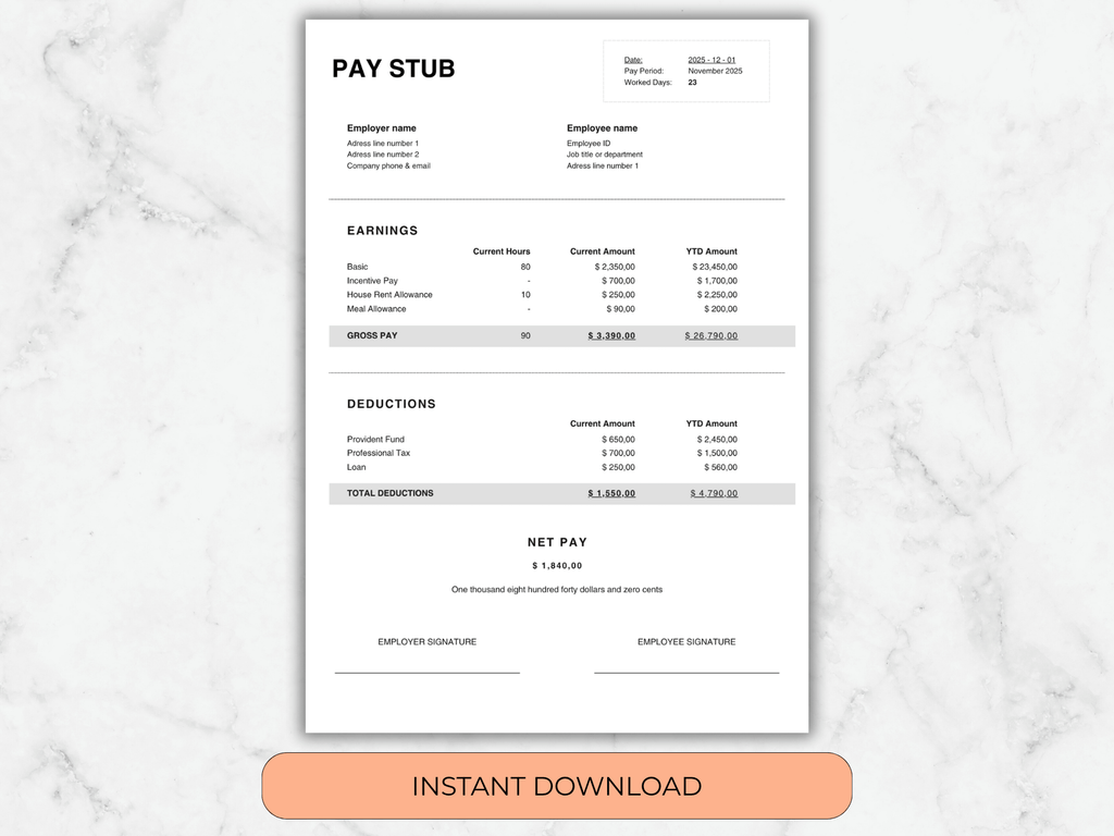 Pay stub template on a marble background with an 'Instant Download' button.