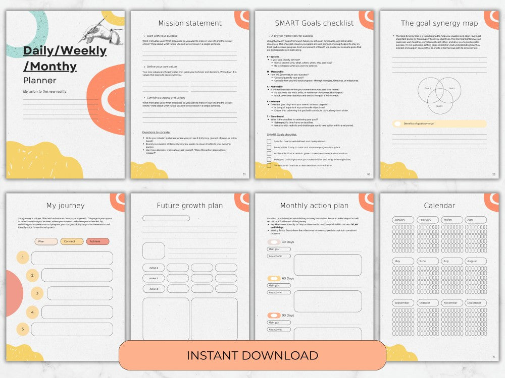 Collection of goal-setting and planning sheets with colorful design elements.