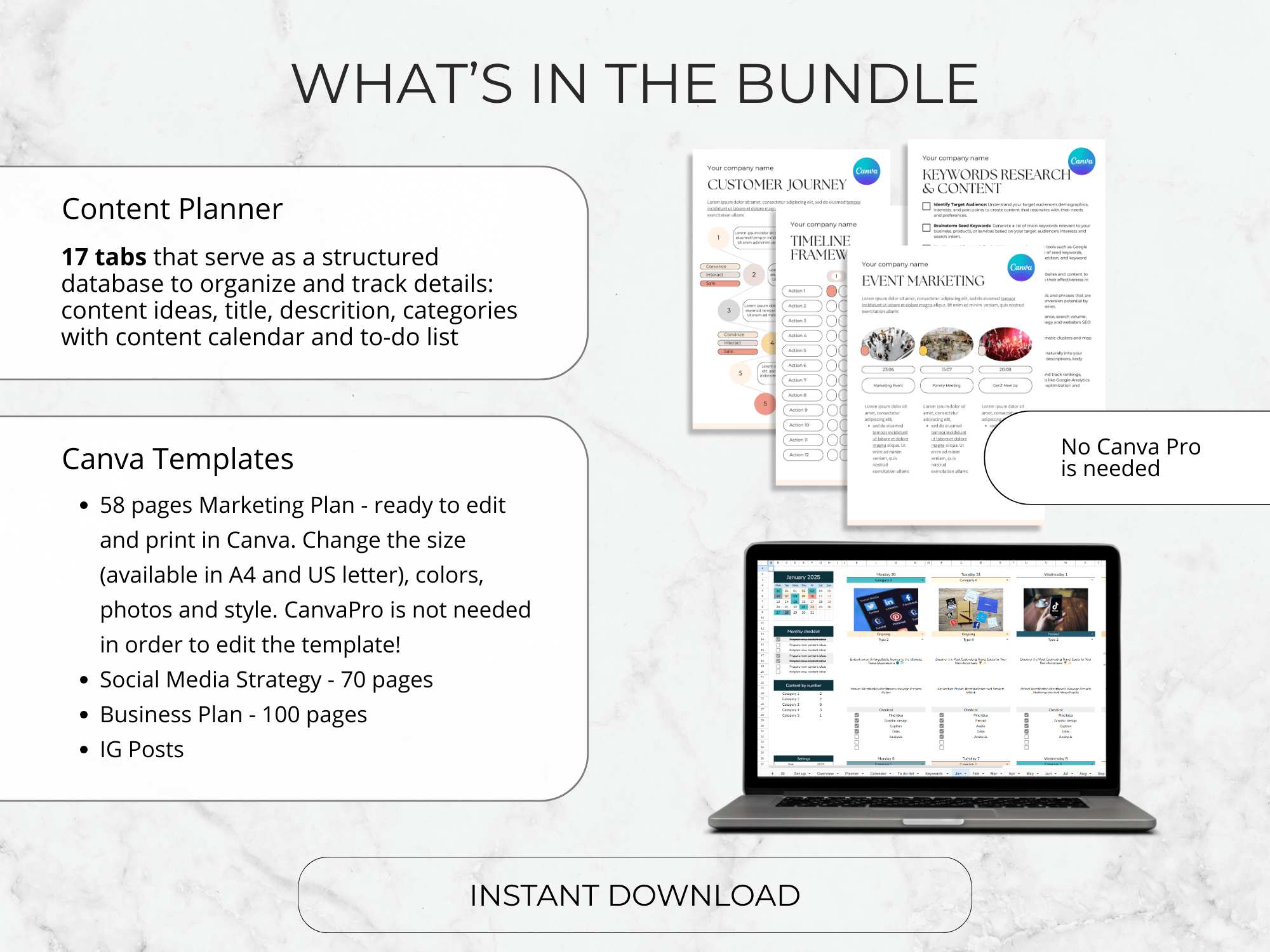 Product bundle description with text and a laptop displaying Canva templates on a light gray background.