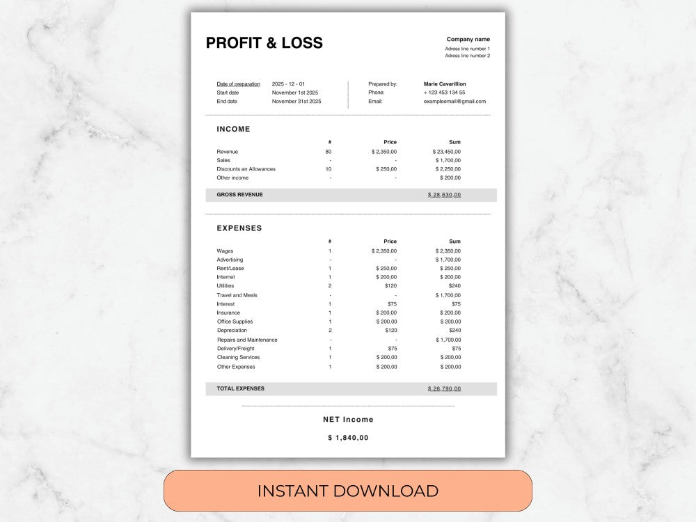 Profit and loss statement template on a marble background with an 'Instant Download' button.